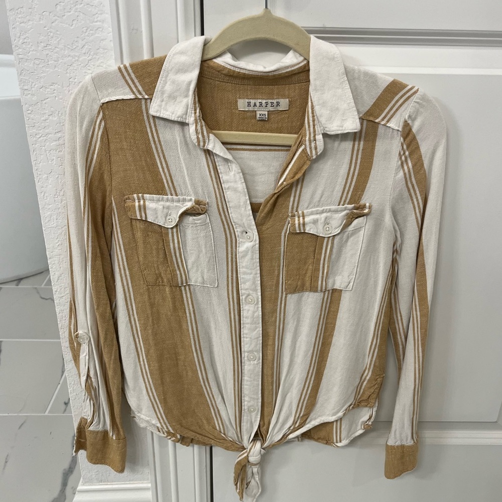 White and mustard yellow striped button down